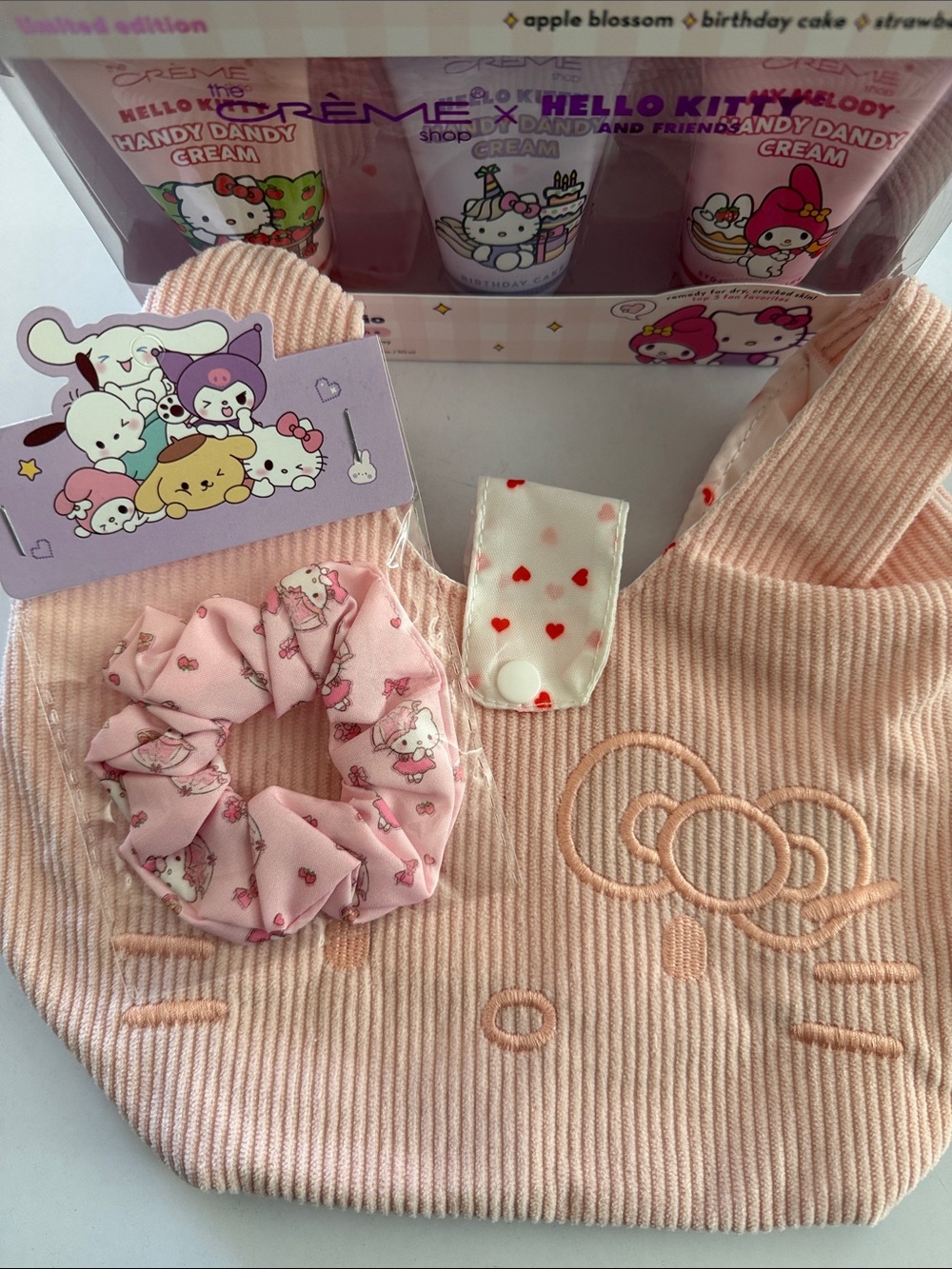 New Hello Kitty Pink Corduroy Kids Tote with Scrunchie and hand crème trio.